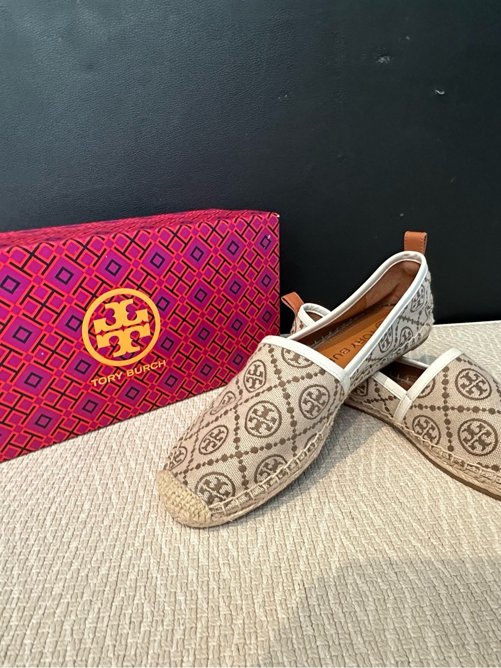 Tory Burch Tan and Beige T Monogram Flat Espadrilles